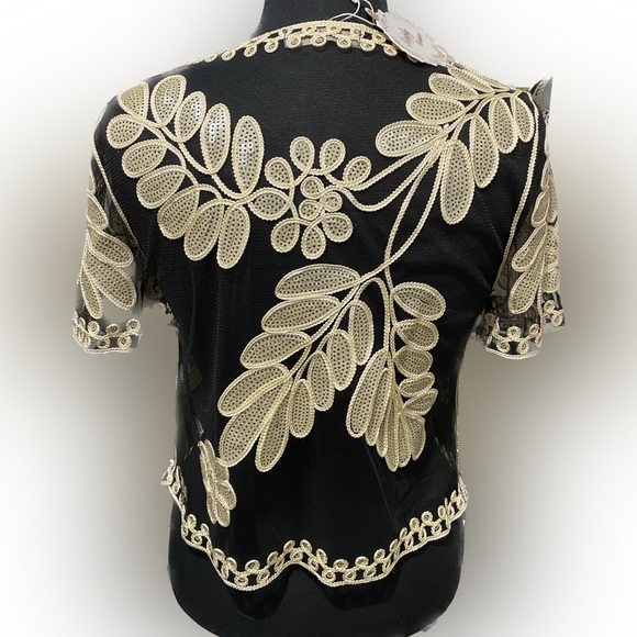 Simply Couture Elbow Sleeve Sheer Crochet Accent Soutache Sequin Tunic - Picture 3 of 6